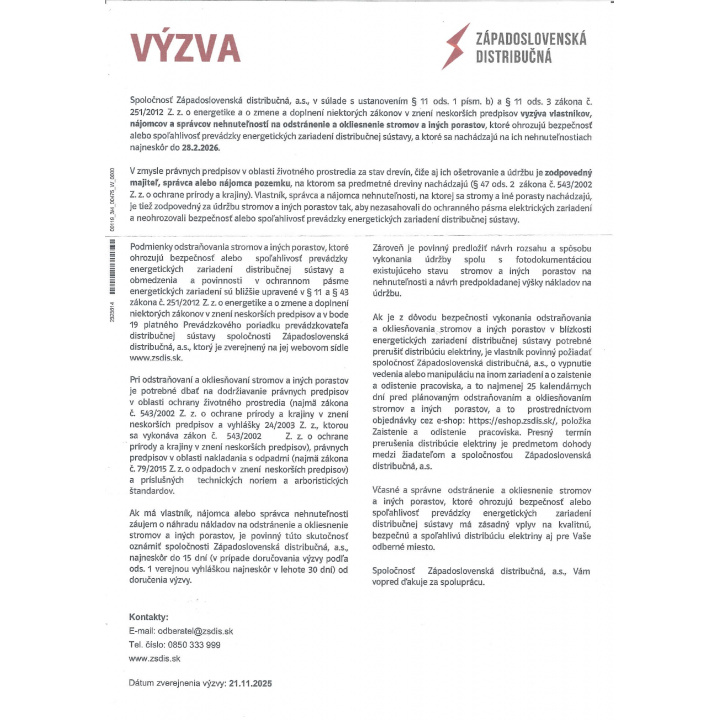 Výzva na odstránenie a okliesnenie stromov