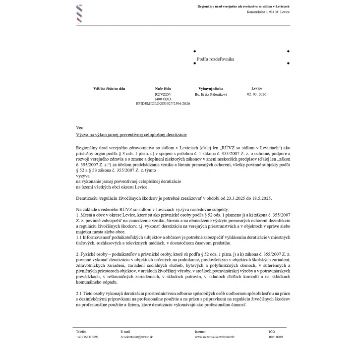 Výzva na výkon jarnej preventívnej celoplošnej deratízácie