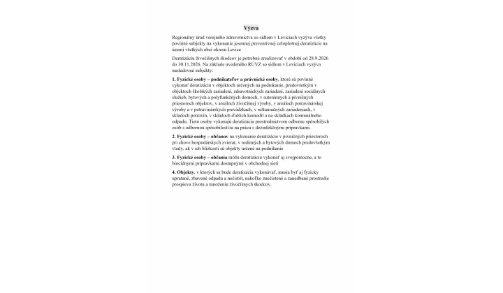 Výzva na vykonanie jesennej preventívnej celoplošnej deratizácie