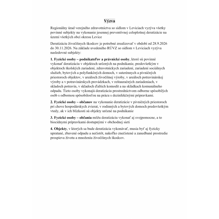 Výzva na vykonanie jesennej preventívnej celoplošnej deratizácie